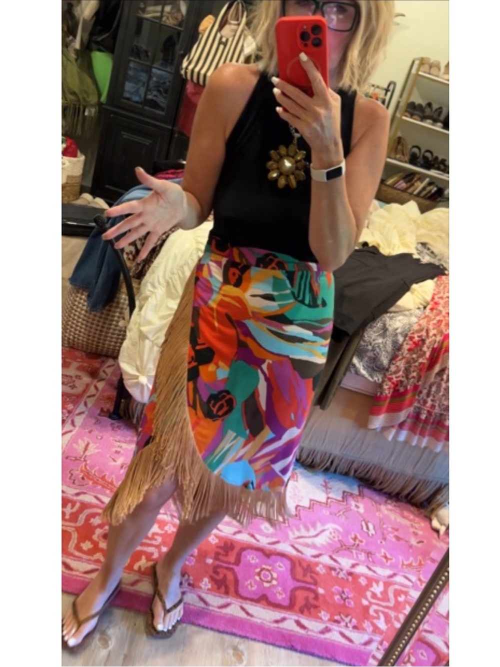 Fringe Hem Multicolor Abstract Print Midi Wrap Skirt - Women